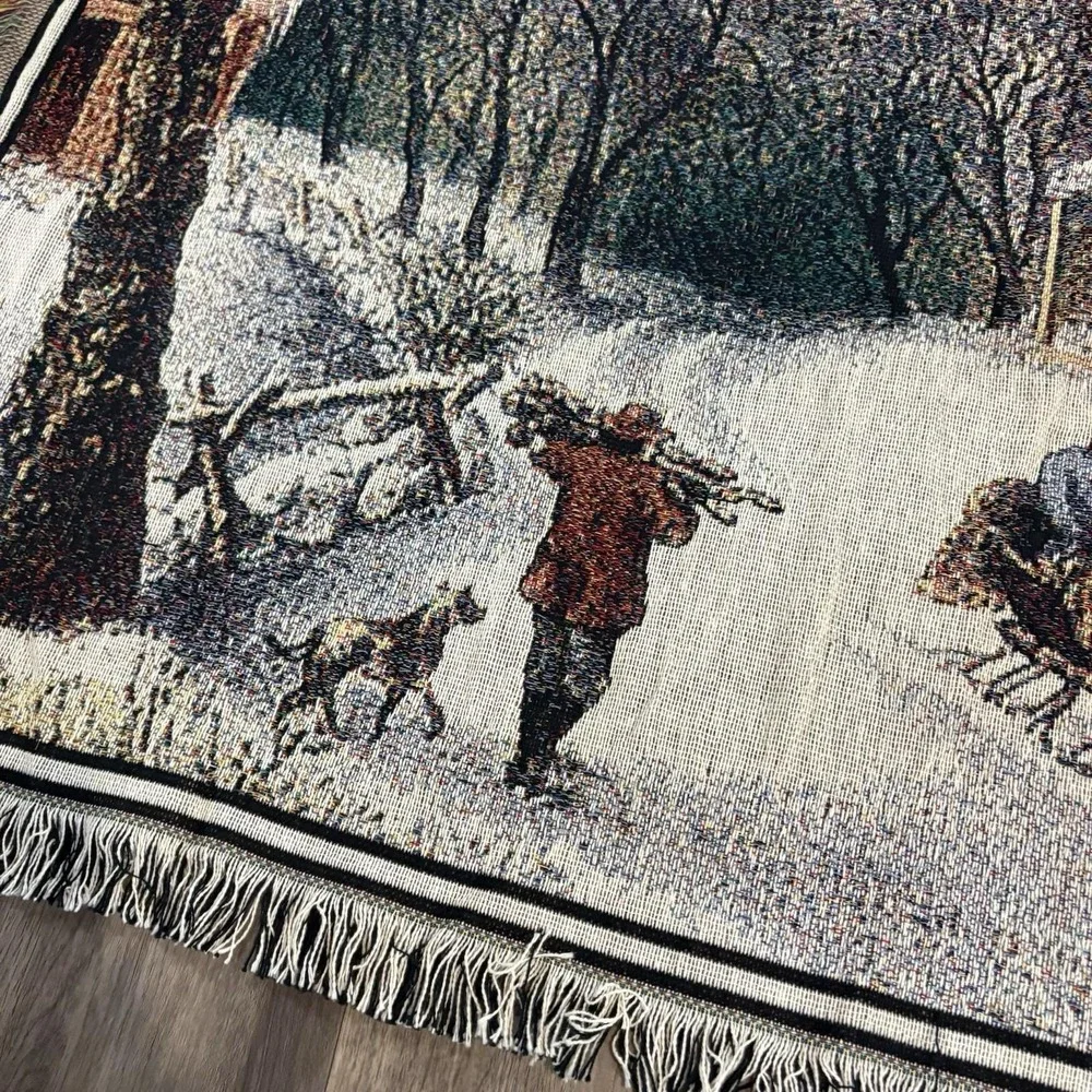 VTG Crown Crafts Horse Carriage Cottage Home Tapestry Woven Throw Blanket 46x54
